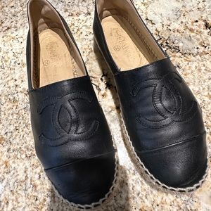 Chanel Black Lambskin Leather Espadrilles, size 39 used condition, made in Spain